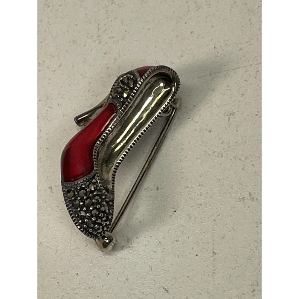 High Heel Shoe Brooch Sterling Silver Red Enamel Marcasite Style Costume Pin